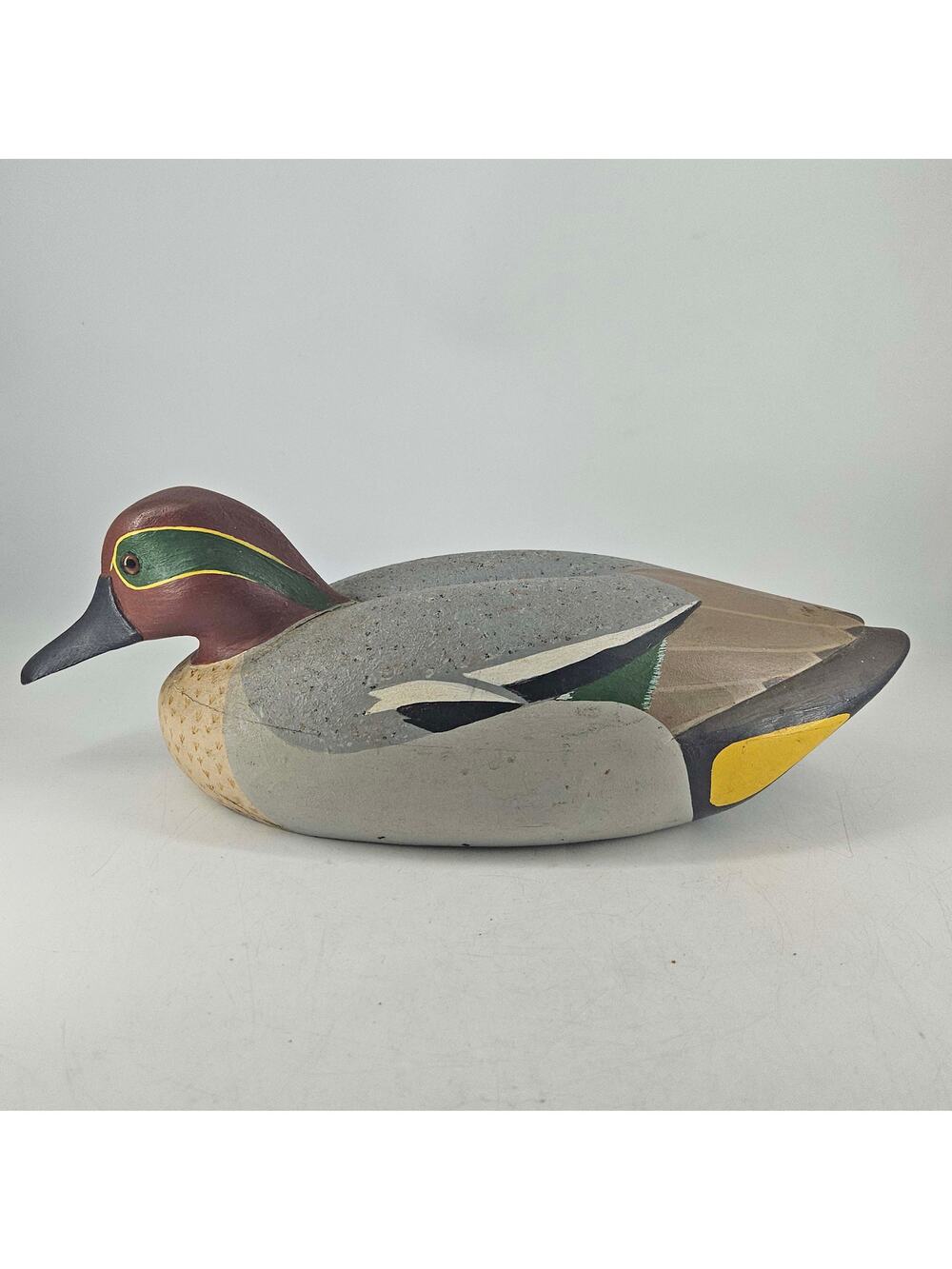 Vintage Green Winged Teal Drake Duck Wood Hand Carved Painted Decoy signed